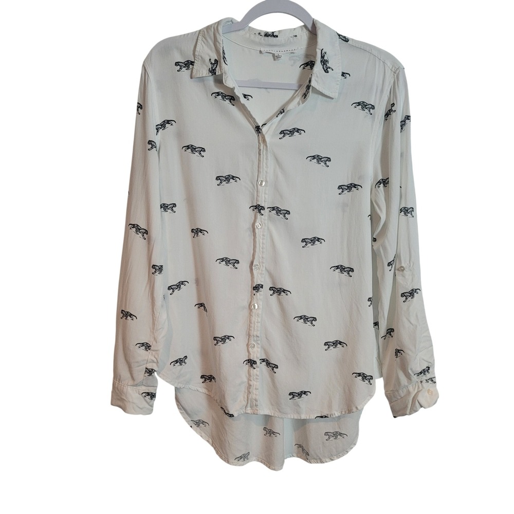 Jane + Delancey White Tiger Print Button Down Shirt High Low Hem Womens Large